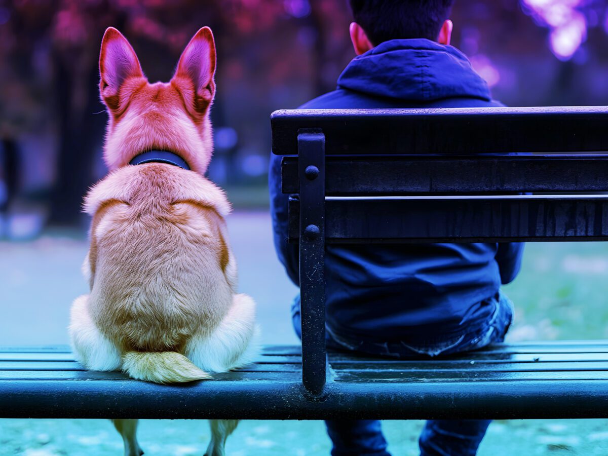 Boy and a dog sit on a bench reflectively
